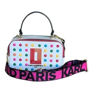 Karl Lagerfeild Paris NWT SIMONE CAMERA CROSSBODY BAG White Multi Pink Strap